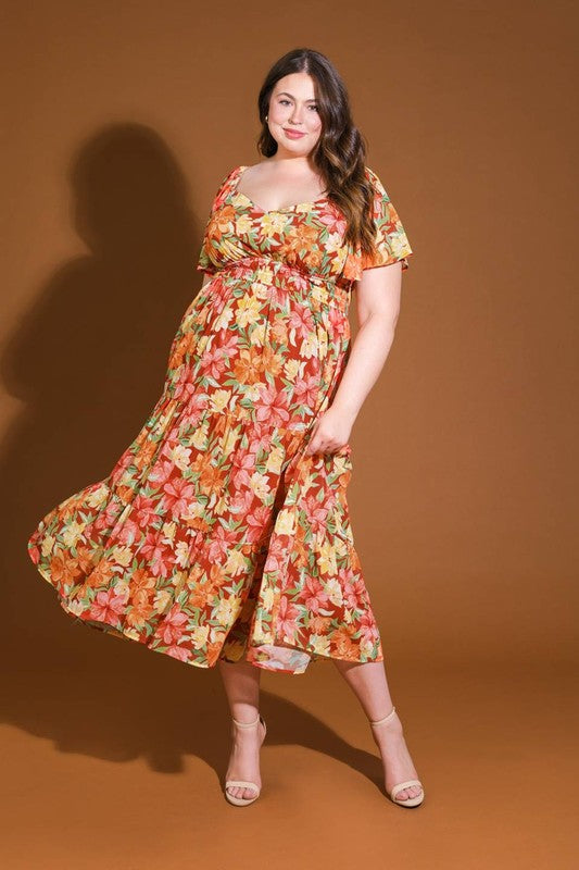 Plus Size Flying Tomato FLoral Tiered Burnt Sienna Maxi Dress