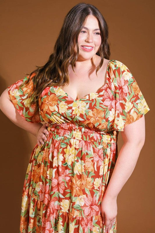 Plus Size Flying Tomato FLoral Tiered Burnt Sienna Maxi Dress