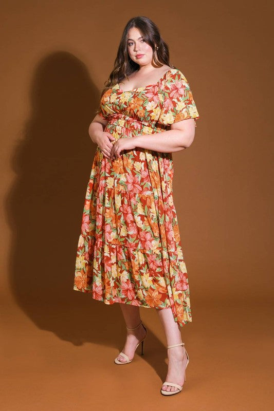 Plus Size Flying Tomato FLoral Tiered Burnt Sienna Maxi Dress