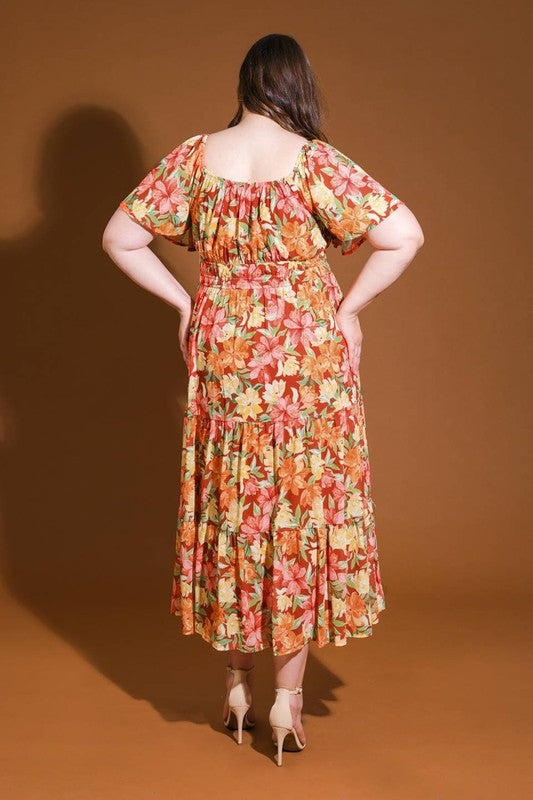 Plus Size Flying Tomato FLoral Tiered Burnt Sienna Maxi Dress