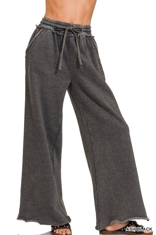 Women Acid Wash Fleece Palazzo Sweatpants With Pockets