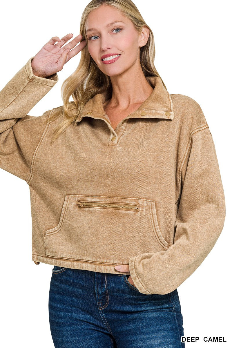 Womens Acid Wash Fleece Half Snap Pullover W/ Kangaroo Pocket - Ash Mocha