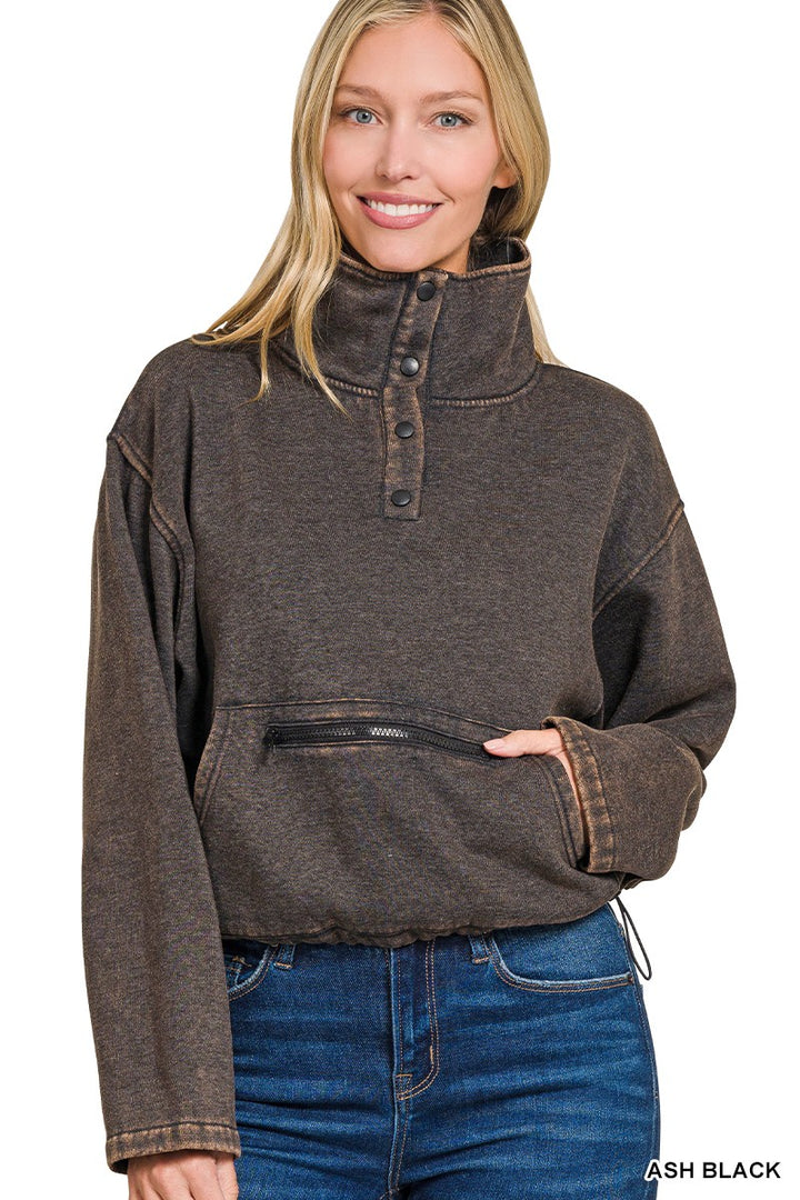 Womens Acid Wash Fleece Half Snap Pullover W/ Kangaroo Pocket - Ash Black
