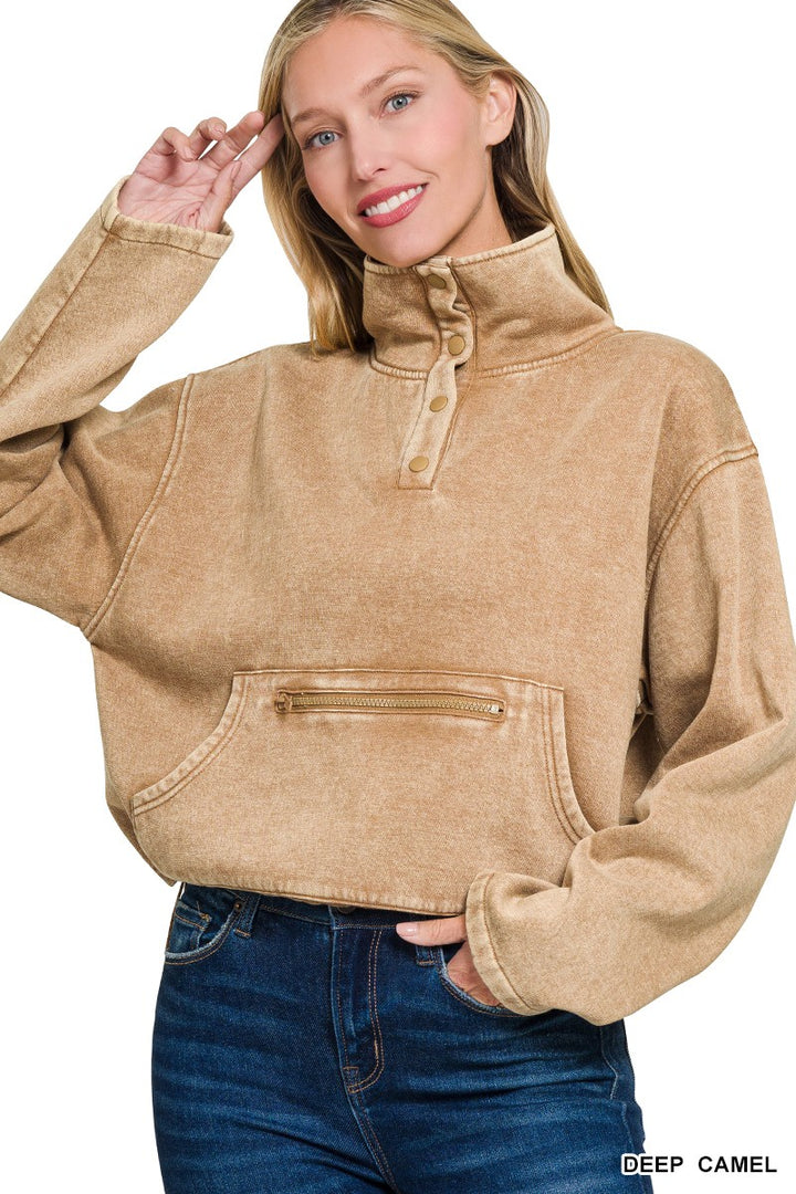 Womens Acid Wash Fleece Half Snap Pullover W/ Kangaroo Pocket - Ash Mocha