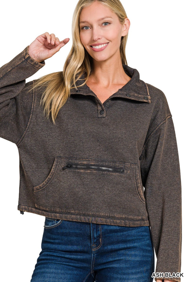Womens Acid Wash Fleece Half Snap Pullover W/ Kangaroo Pocket - Ash Black