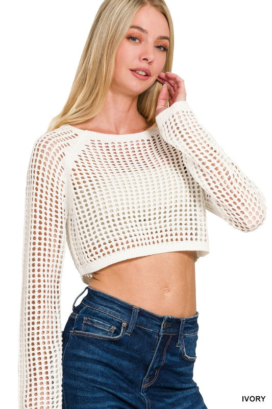 Womens Cropped Knit Sweater in Ivory