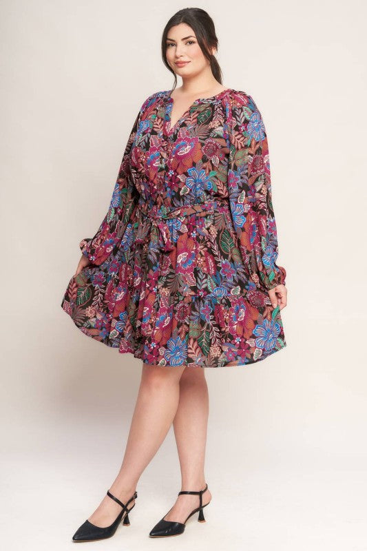 Plus Size Printed Woven Mini Dress in black and multicolored paisley