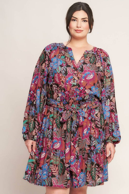 Plus Size Printed Woven Mini Dress in black and multicolored paisley