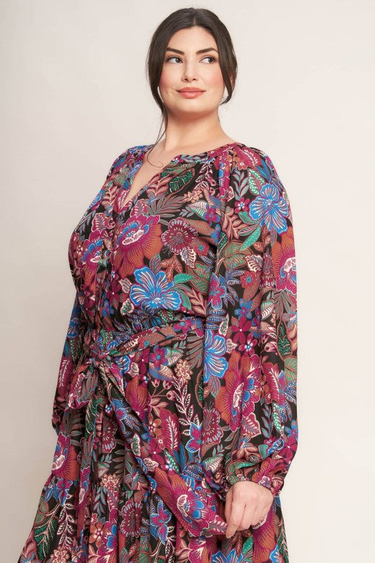 Plus Size Printed Woven Mini Dress in black and multicolored paisley