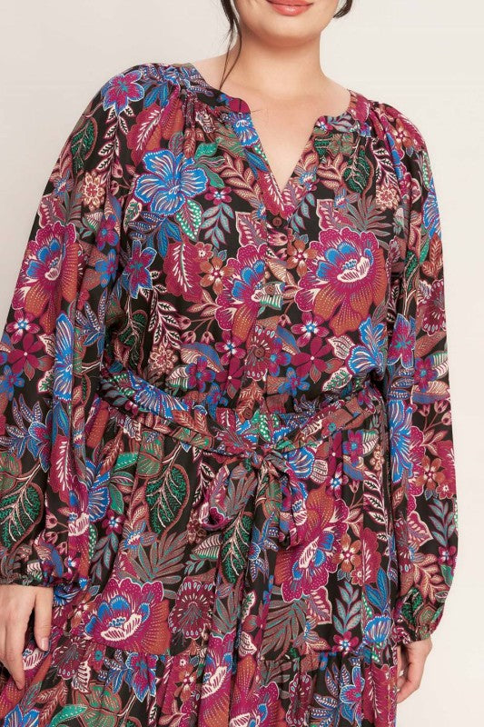 Plus Size Printed Woven Mini Dress in black and multicolored paisley