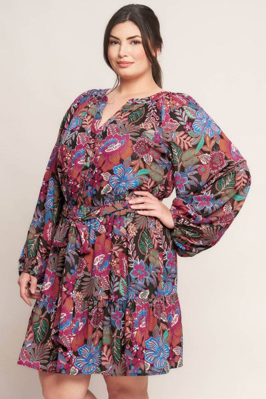 Plus Size Printed Woven Mini Dress in black and multicolored paisley