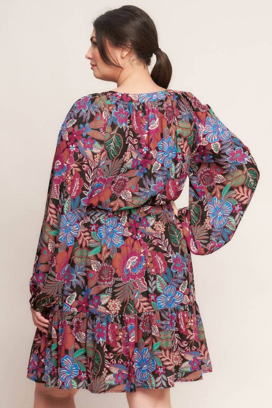 Plus Size Printed Woven Mini Dress in black and multicolored paisley