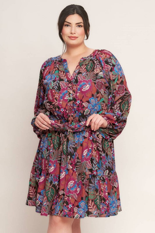 Plus Size Printed Woven Mini Dress in black and multicolored paisley