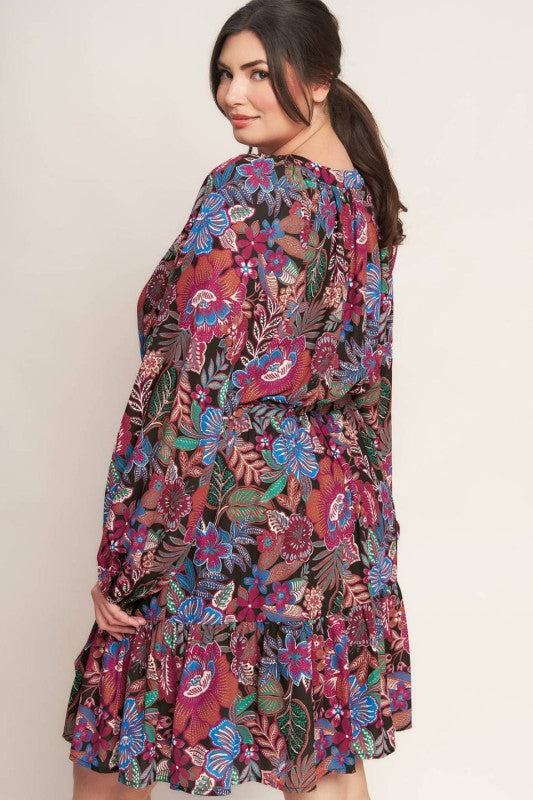Plus Size Printed Woven Mini Dress in black and multicolored paisley