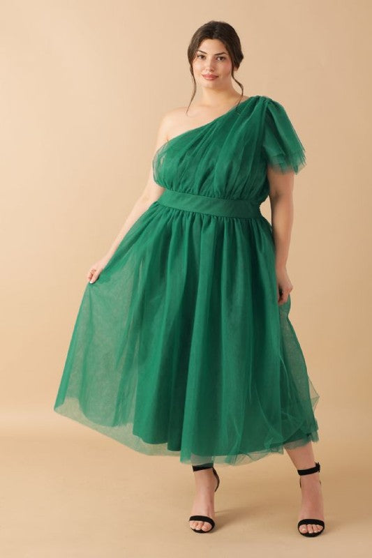 Plus Size Flying Tomato Solid Tulle Midi Dress