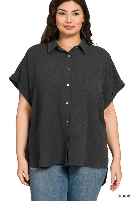 Plus Size Airflow woven button down top