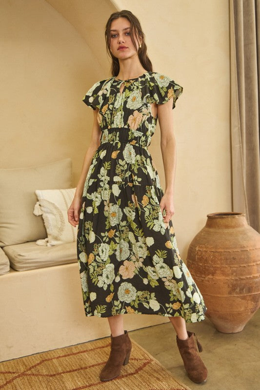 Womens Floral Printed Midi Dress