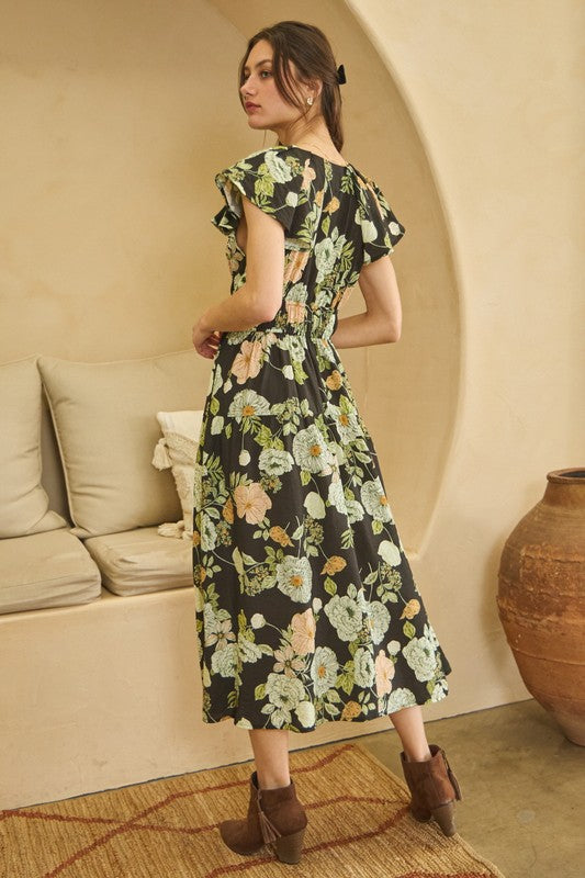 Womens Floral Printed Midi Dress