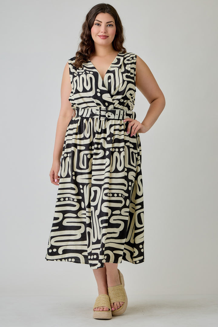 Plus Size Womens Abstract Print Belted Midi Dress