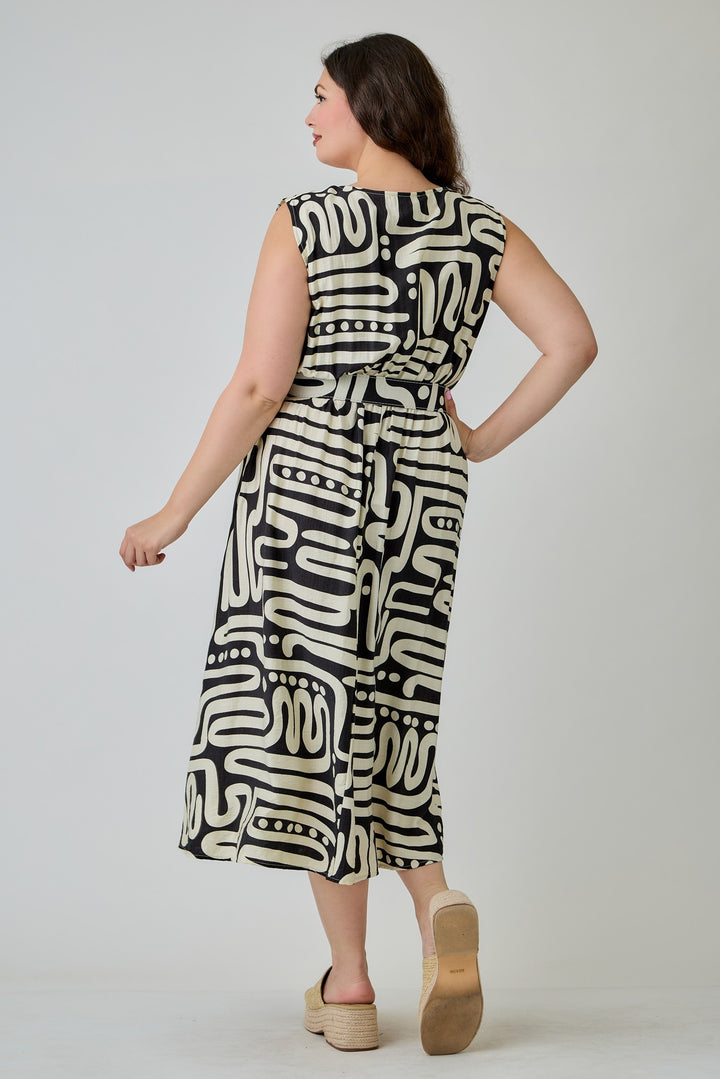 Plus Size Womens Abstract Print Belted Midi Dress