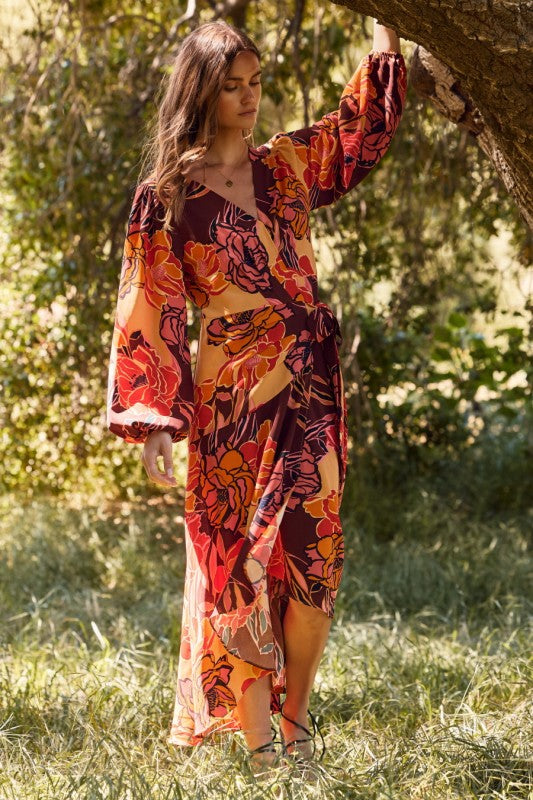 Womens Floral Printed Wrapped Midi Dress