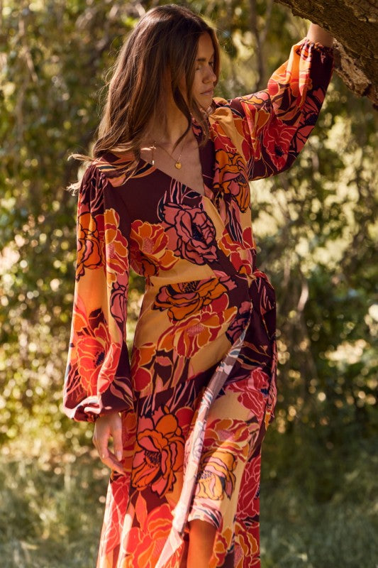 Womens Floral Printed Wrapped Midi Dress