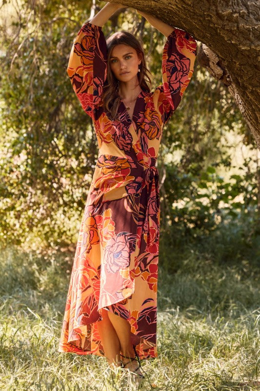 Plus Size Floral Printed Wrapped Midi Dress