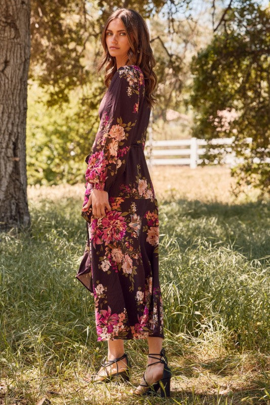 Womens Floral Printed Wrapped Midi Dress
