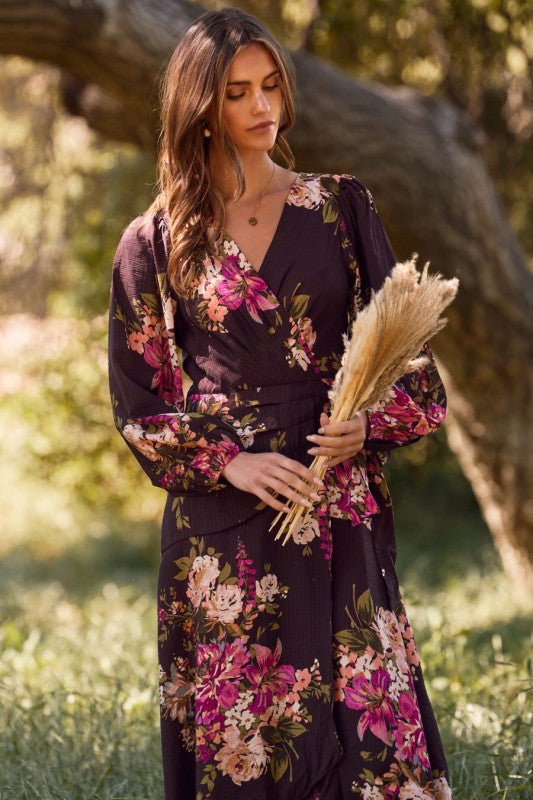 Womens Floral Printed Wrapped Midi Dress