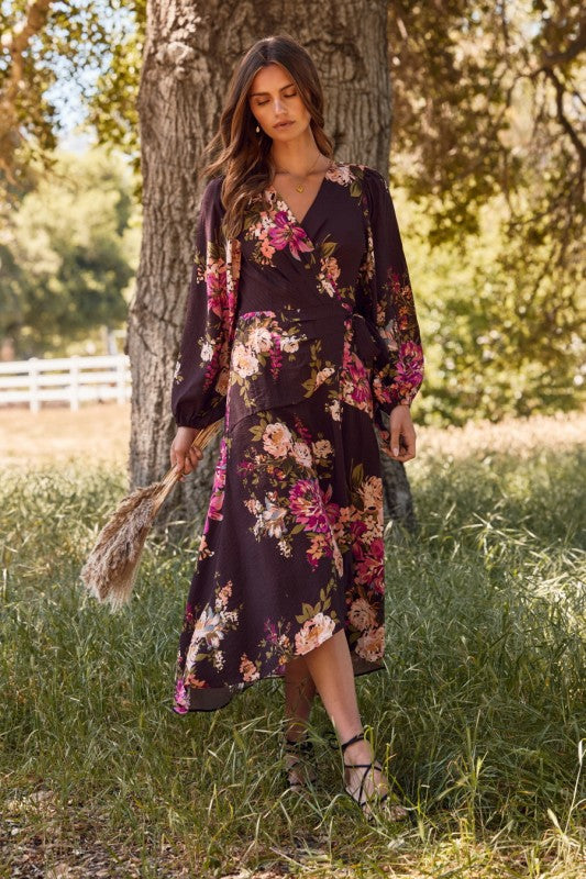 Womens Floral Printed Wrapped Midi Dress