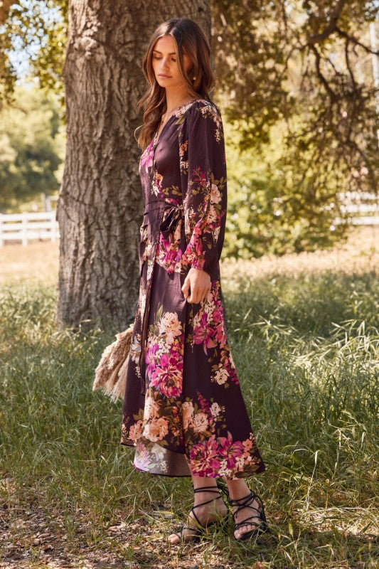 Womens Floral Printed Wrapped Midi Dress