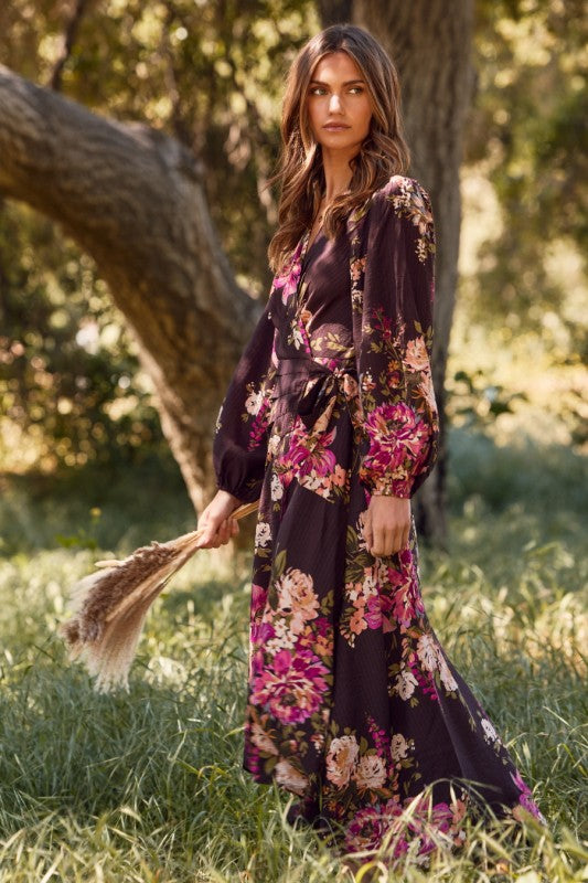 Womens Floral Printed Wrapped Midi Dress