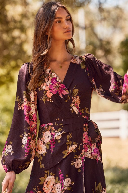 Womens Floral Printed Wrapped Midi Dress