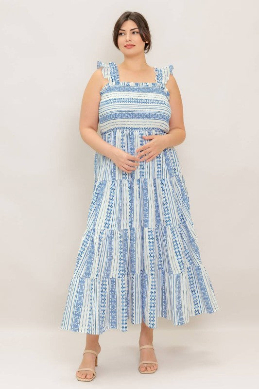 Flying Tomanot Plus Size smocked white blue summer midi dress