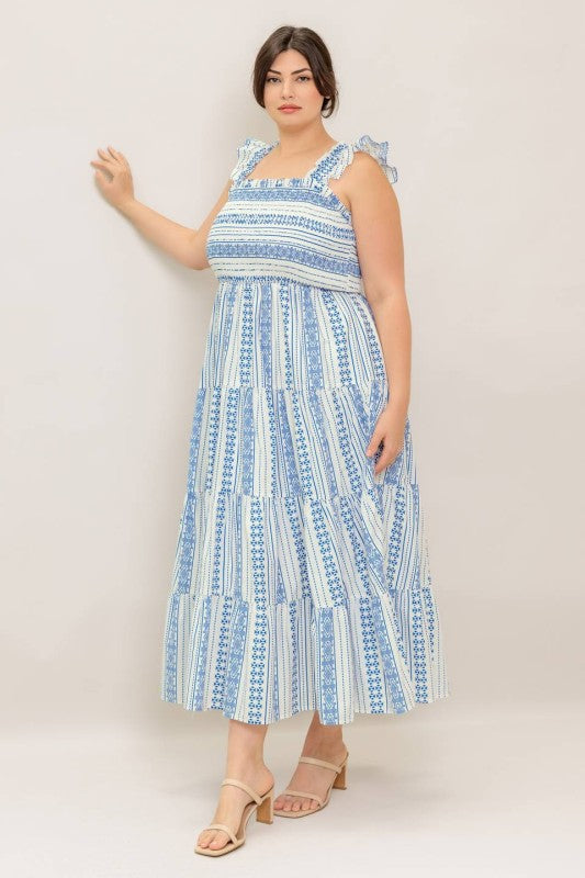 Flying Tomanot Plus Size smocked white blue summer midi dress