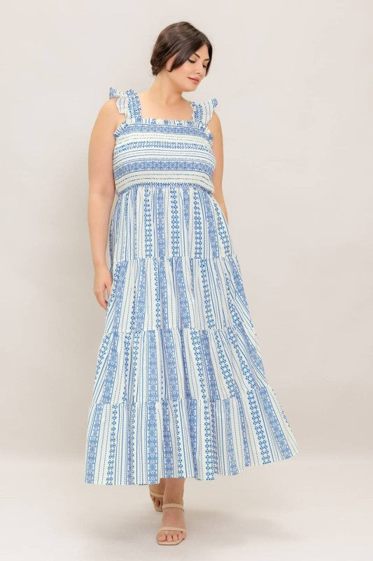 Flying Tomanot Plus Size smocked white blue summer midi dress