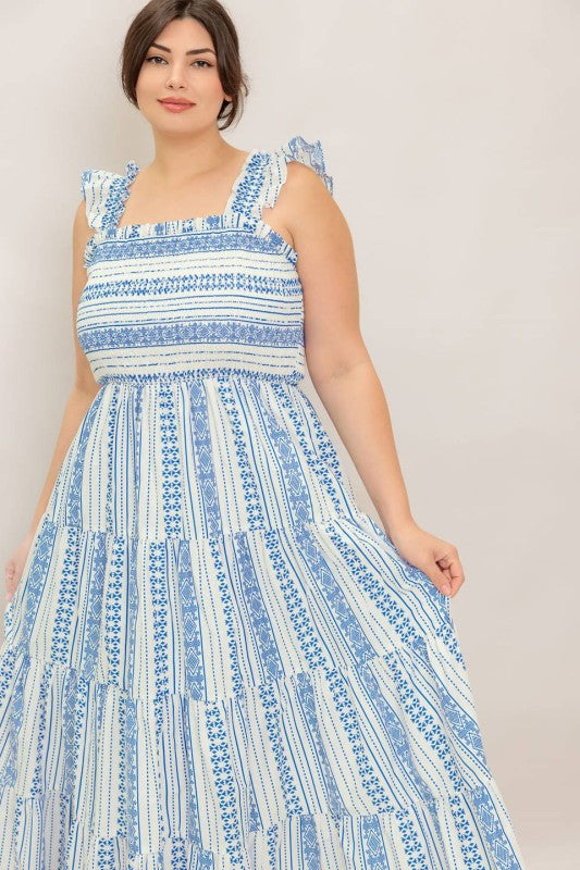 Flying Tomanot Plus Size smocked white blue summer midi dress