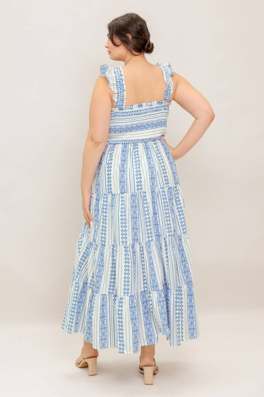 Flying Tomanot Plus Size smocked white blue summer midi dress