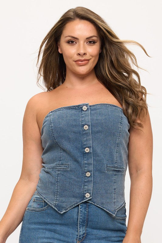 Plus Size Denim Strapless Tube Top with Buttons