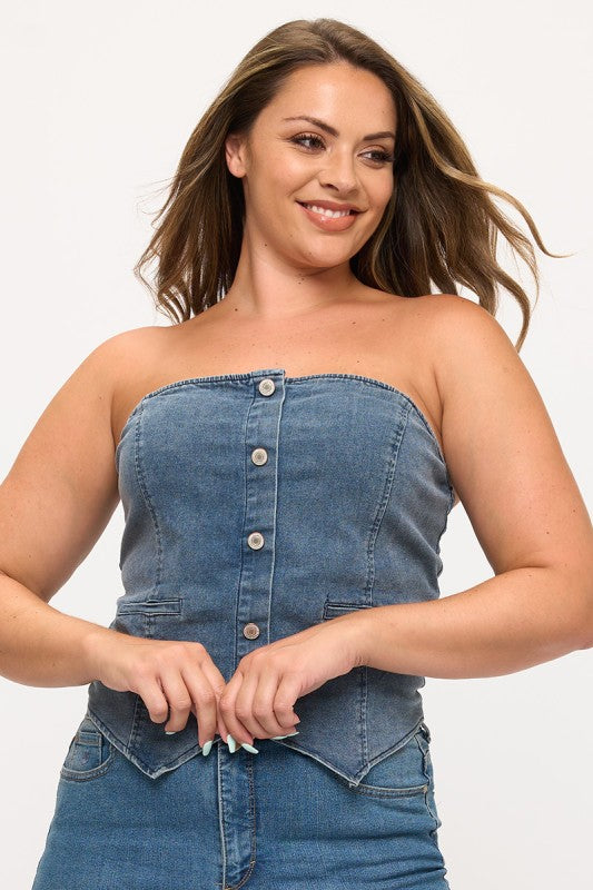 Plus Size Denim Strapless Tube Top with Buttons