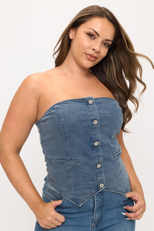 Plus Size Denim Strapless Tube Top with Buttons