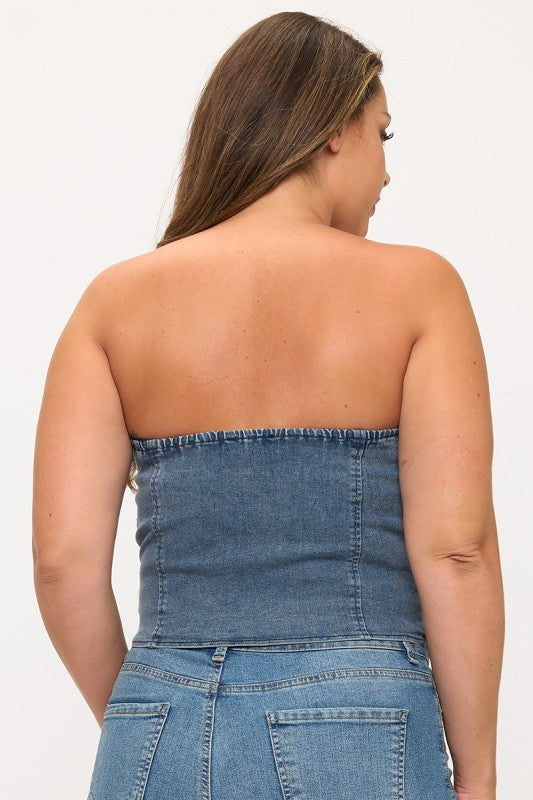 Plus Size Denim Strapless Tube Top with Buttons