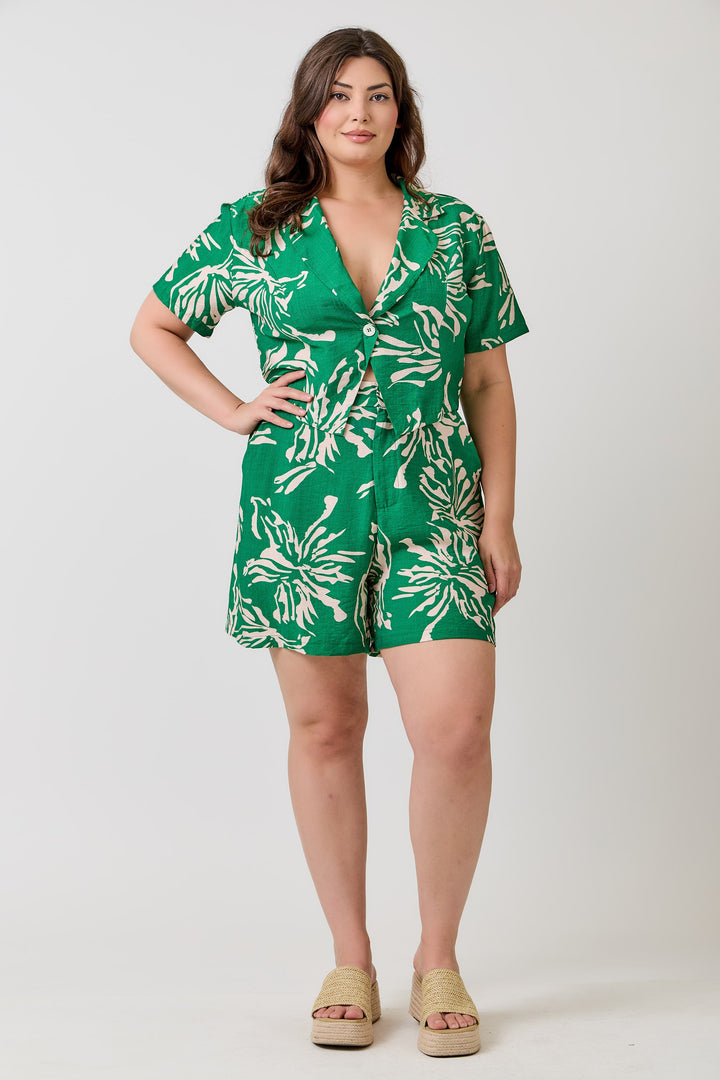 Plus Size Womens Leaf-Print Button-Down Set