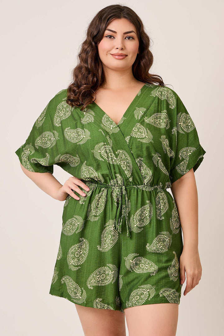 Plus Size Womens Green Paisley Print Romper With Drawstring Waist