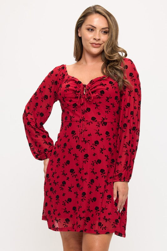 Plus Size Long Sleeve Floral Mesh Dress