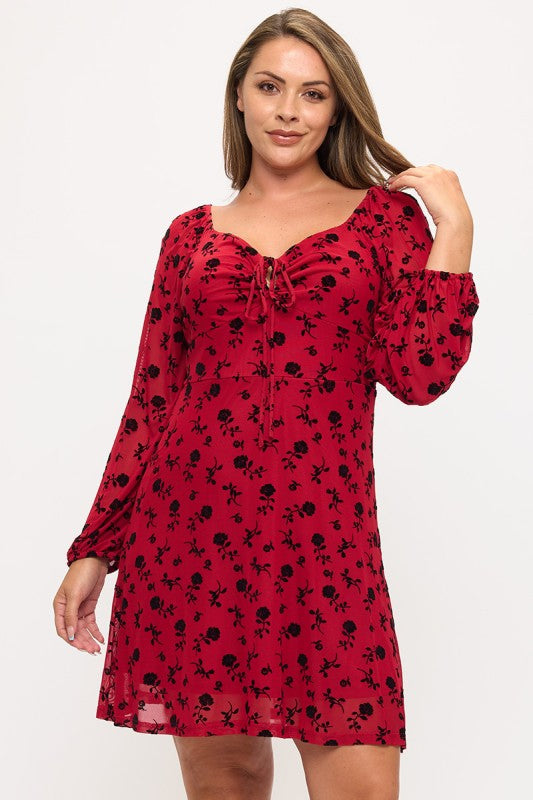 Plus Size Long Sleeve Floral Mesh Dress