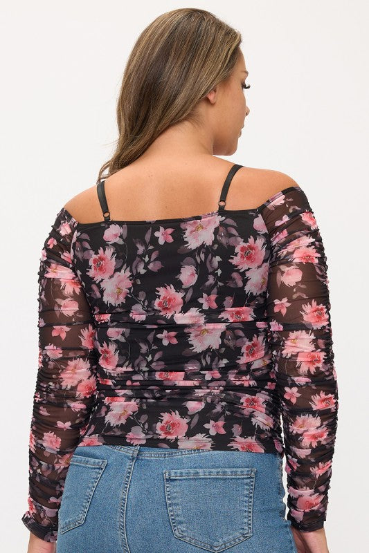 Plus Size Off the shoulder mesh Floral Top
