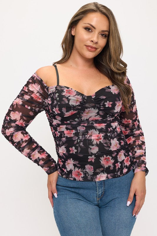 Plus Size Off the shoulder mesh Floral Top