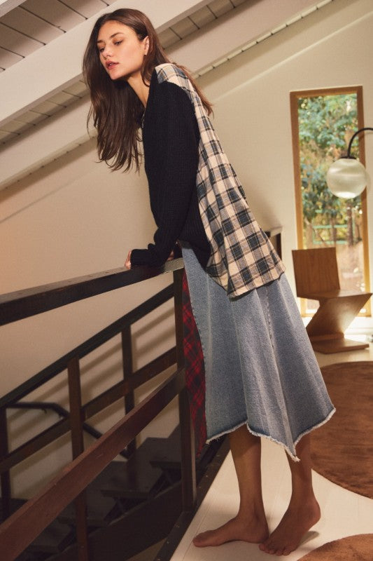 Plus Size Plaid Patchwork Midi Skirt