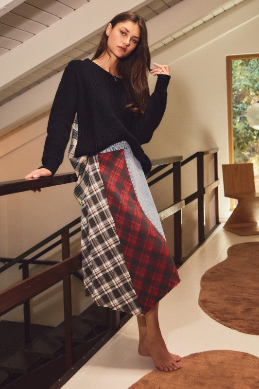 Plus Size Plaid Patchwork Midi Skirt